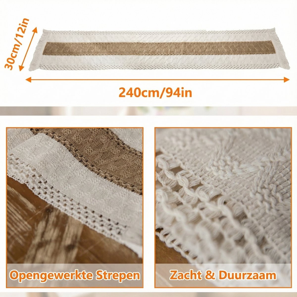 Tafelloper van katoen en linnen / wit en kaki