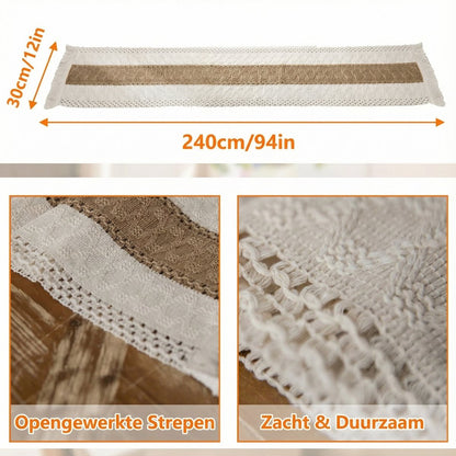 Tafelloper van katoen en linnen / wit en kaki