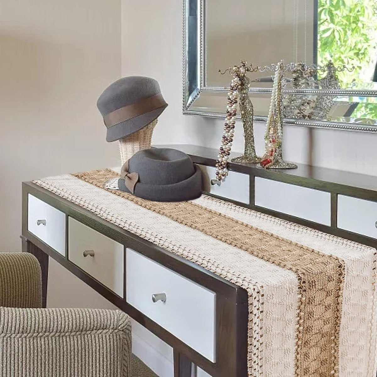 Tafelloper van katoen en linnen / wit en kaki