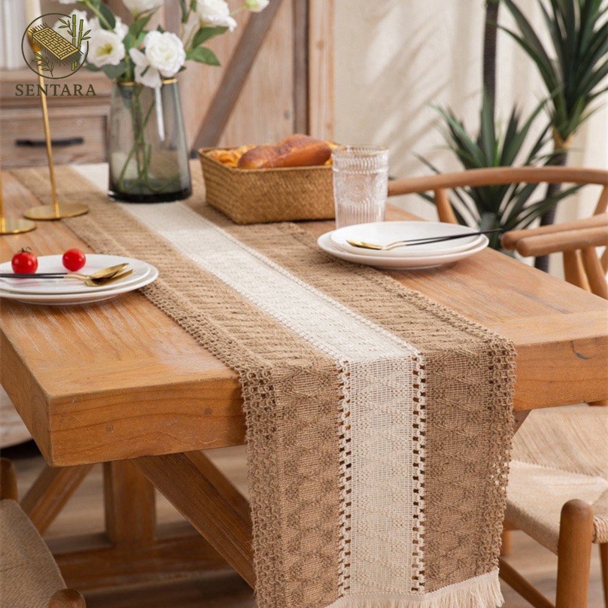 Tafelloper van katoen en linnen / wit en kaki