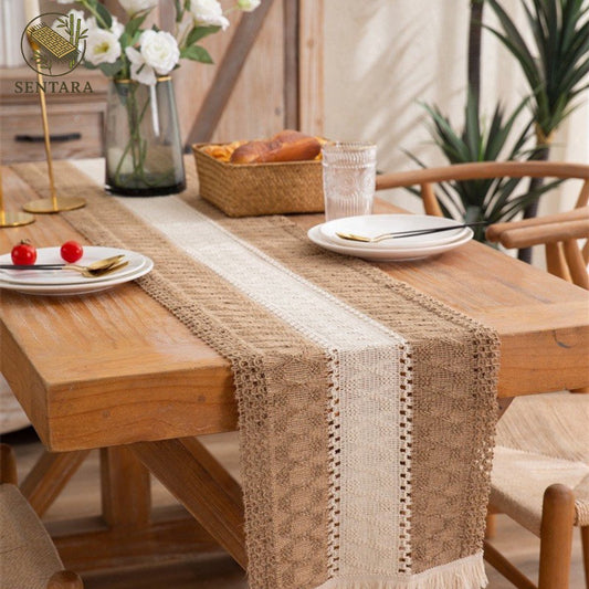 Tafelloper van katoen en linnen / wit en kaki