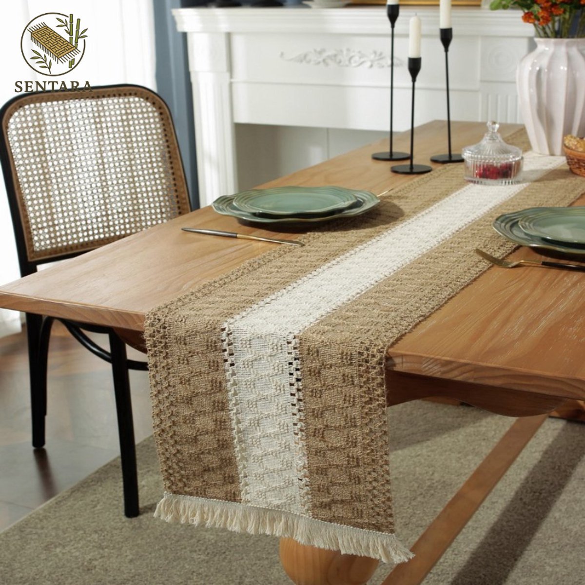 Tafelloper van katoen en linnen / wit en kaki