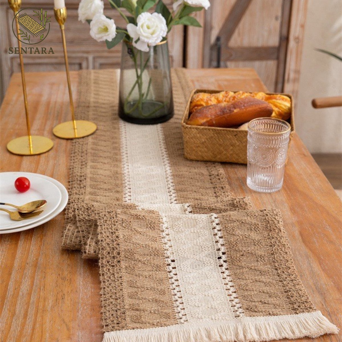 Tafelloper van katoen en linnen / wit en kaki