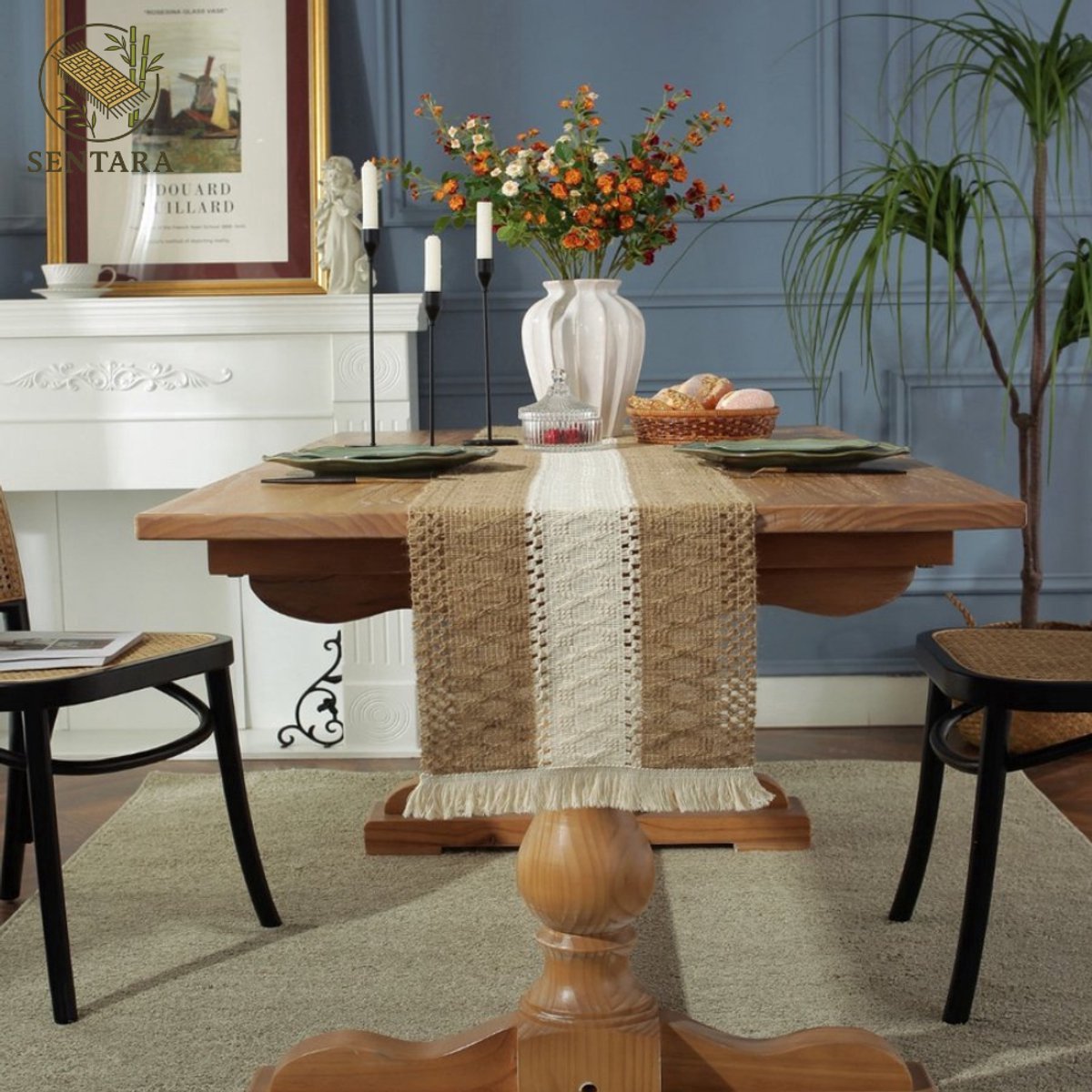 Tafelloper van katoen en linnen / wit en kaki