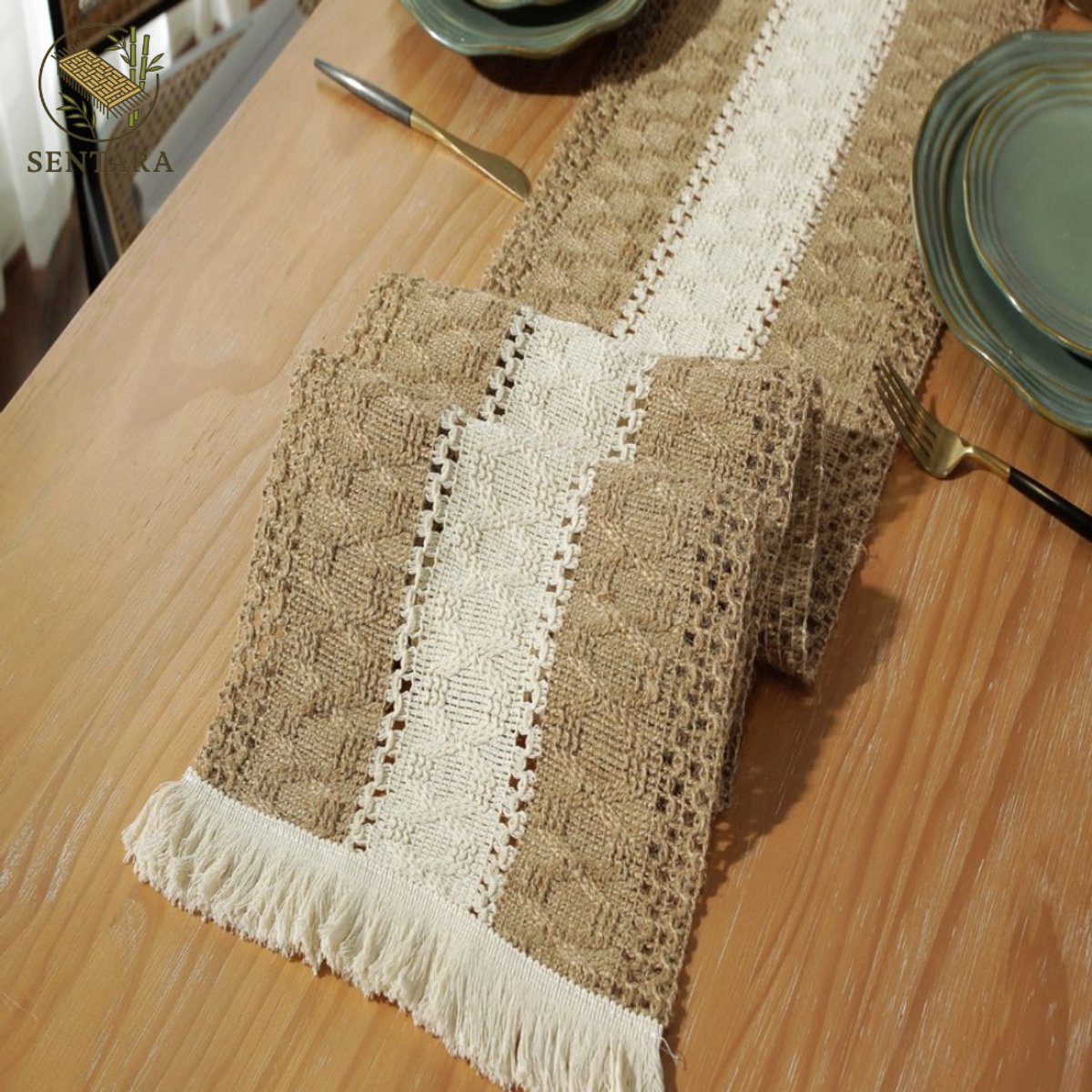 Tafelloper van katoen en linnen / wit en kaki