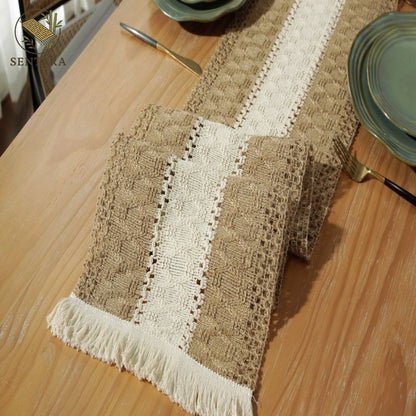 Tafelloper van katoen en linnen / wit en kaki