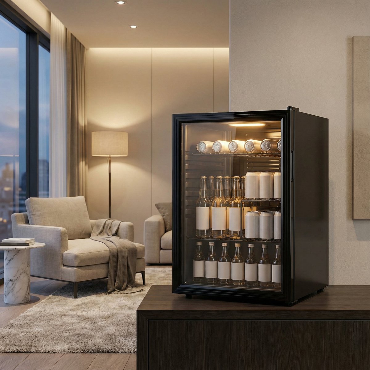 Compacte flessenkoelkast 115L – Glazen deur – Zwart