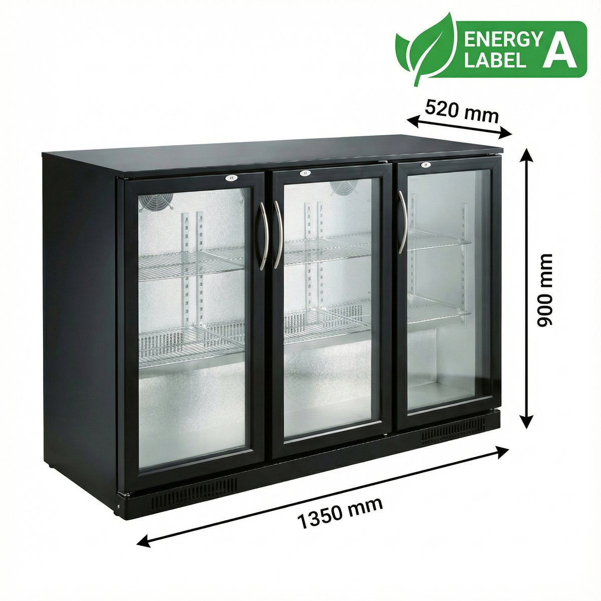 Koelkast voor achterbar 320L – 3 glazen deuren – zwart